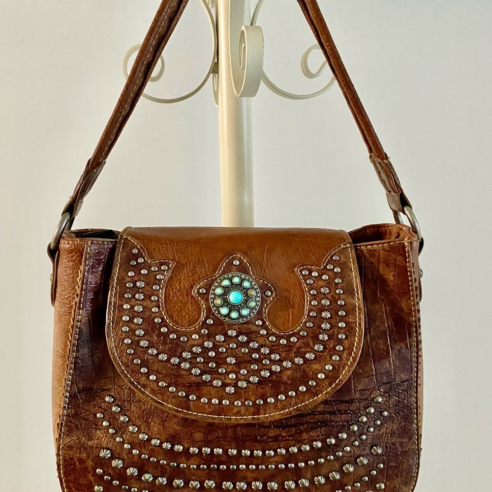 Brown Turquoise Studded Leather Shoulder Bag, 13”+11”, 20” with Shoulder Strap.